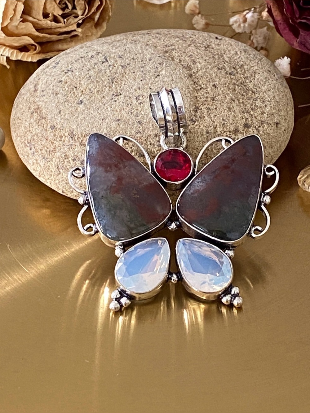 Moss Agate Butterfly, Opalite And Garnet Hand Crafted Pendant